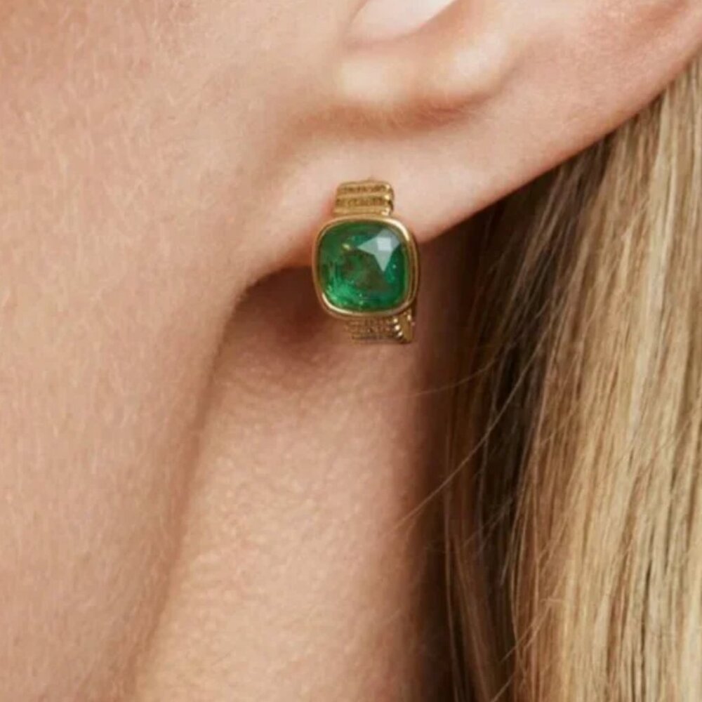 BEST Roxanne Assoulin The Composed Mini Hoop Green Gem Gold Tone